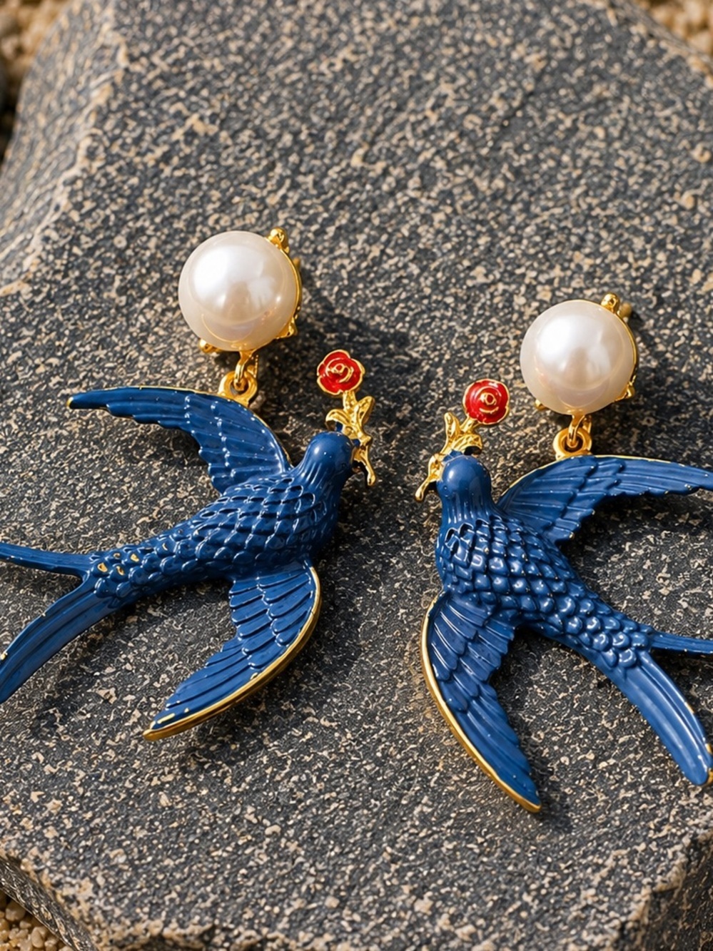 Blue Swallow Bird Pearl Earrings